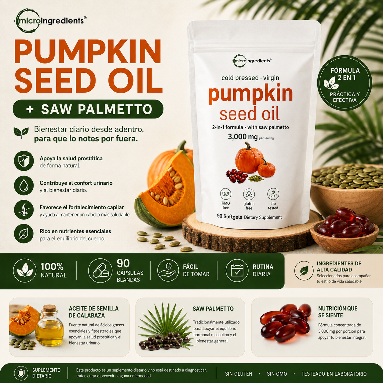 Aceite De Semilla De Calabaza + Extracto De Saw Palmetto| 90 Cápsulas